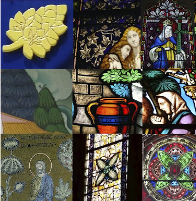 9-image photo collage showing cannabis bud on the official papal seal along with gorgeous richly-hued stained glass artwork from various old cathedrals & churches all depicting bible scenes that include cannabis leaves somewhere in the scene