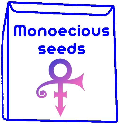a blue seed packet with blue label: Monoecious Seeds and then the logo for the artist formerly known as prince (male + female combined :-)